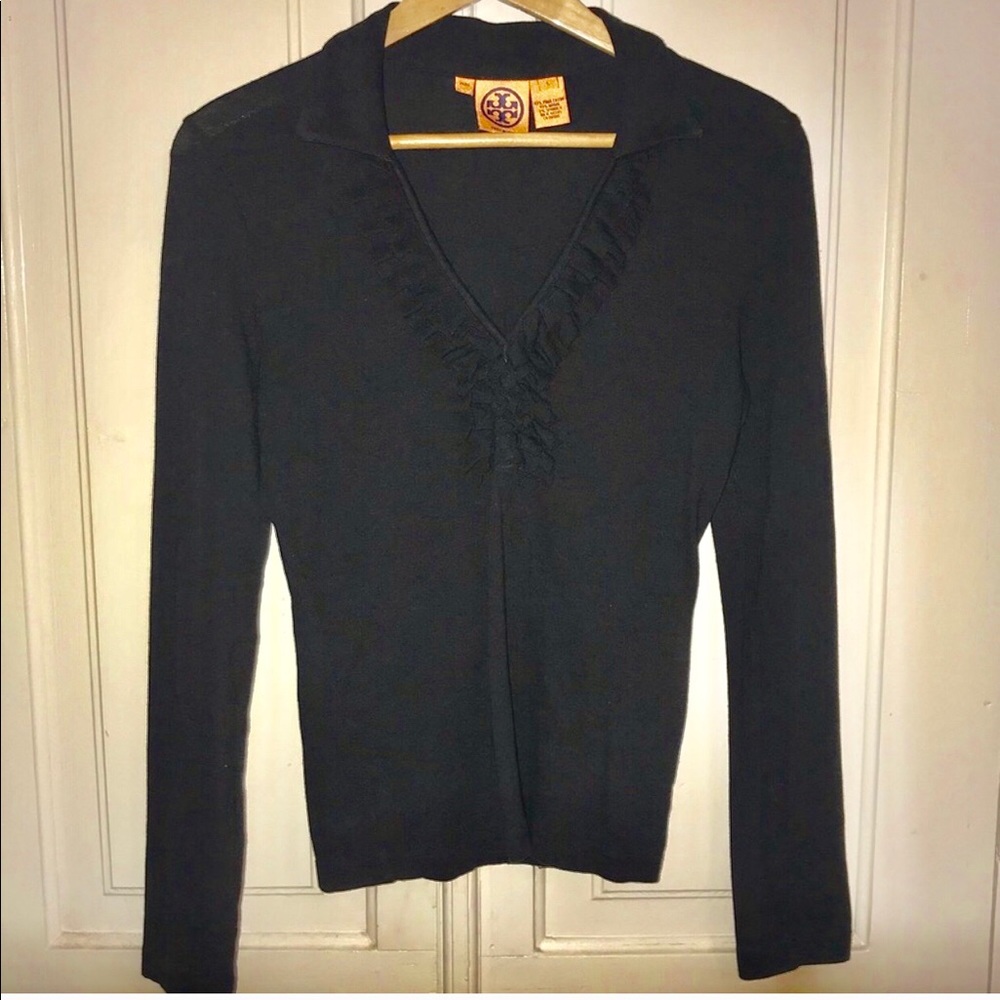 LAST CALL TORY BURCH Ruffled Black Sweater.